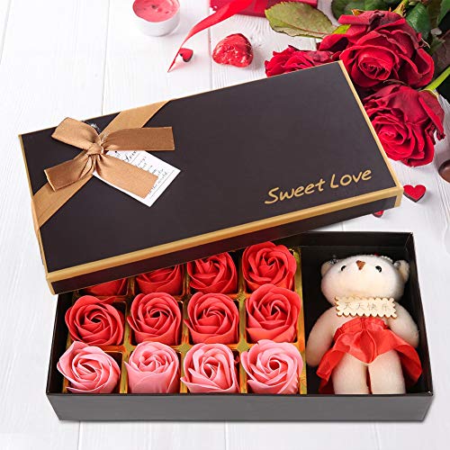 12 Flores de jabón de Rosas, Rosas Artificiales, Juegos de Regalo de Rosas para Mujeres, Oso de Peluche, Regalo romántico para el Día de San Valentín con Caja(Rojo)