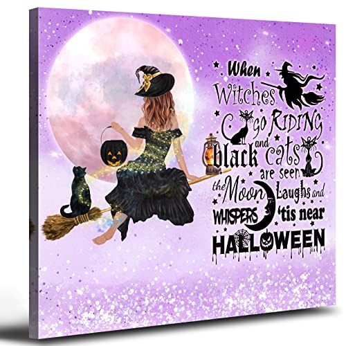 Arte de pared de Halloween When Witches Go Riding Signs póster bruja gato negro luna llena púrpura purpurina fondo pintura imagen para sala de estar, dormitorio, vacaciones, decoración del hogar, 20 x