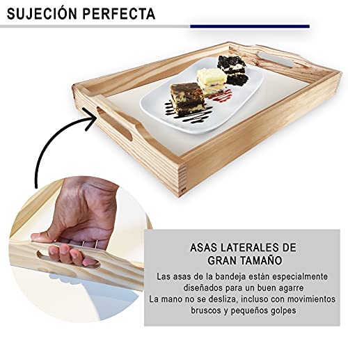 Genérico Bandejas para servir comida de madera natural rectangular. Bandeja de 34x24x5cm perfecta para desayuno en cama, cocina o sofa. (Pequeña)