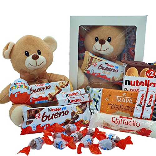 Caja Regalo Chocolate Kinder - Nutella - Raffaelo con Osito de Peluche. Regalo Original con Chocolate para Aniversarios, San Valentin. [IAMI] (Osito Marron)