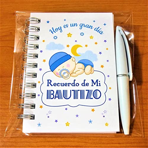 Regalos, Recuerdos y Detalles Originales Para Invitados Bautizo - Libretas para Bautizos niño con Mini Bolígrafo - 30 Unidades - ¡Sin Palabras!